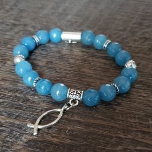 Blue Jade Beaded Charm Stretch Bracelet